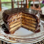 A hand holds a large, dome-shaped chocolate confection.