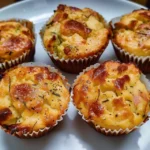 Six savory muffins filled with cheese and ham, baked in paper liners.
