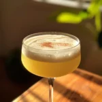 Two bartenders hold up glasses of Pisco Sours.