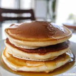 Stack of golden brown pancakes drizzled with syrup.