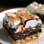 Close-up of a gooey chocolate brownie topped with toasted marshmallow and chocolate drizzle.