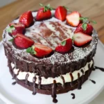 Delicious chocolate cake layered with strawberries and cream, decorated with chocolate drizzle.