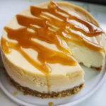 Close-up of a no-bake dulce de leche cheesecake topped with swirls of cream cheese frosting and dulce de leche.
