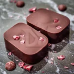 Close-up view of pink Ruby chocolate callets.