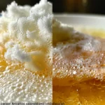Two close-up photos showcasing the process of creating mushroom and olive oil foams using molecular gastronomy techniques.
