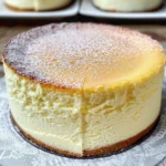 Close-up of a jiggly Japanese cotton cheesecake, dusted with powdered sugar.