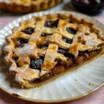 A delicious mincemeat pie decorated with star-shaped pastry cutouts, dusted with powdered sugar.