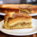 A slice of PieCaken, a delicious dessert featuring layers of apple pie filling encased in a spiced cake.