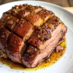 Glazed ham with a mustard seed crust, sliced and ready to serve.
