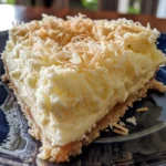 Creamy coconut pie slice on a white plate.